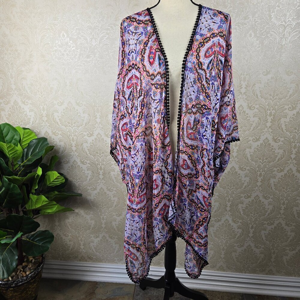 Red Carter Size Med/Large Open Kimono Sheer White Red Blue W/ Black Pompom Trim